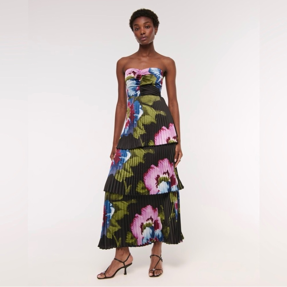 A&F Strapless Tiered Floral Pleated Maxi Dress - Black with Pink & Blue Flowers